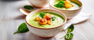 Spinatcremesuppe mit ger&ouml;steten Kartoffeln