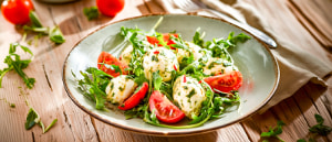 Junger Raukesalat mit Tomate und Frischk&auml;se-Kr&auml;uternocken