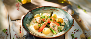 Fischragout mit M&ouml;hren und gr&uuml;nem Spargel