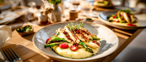 Spargel mit gebratenen H&auml;hnchenstreifen und B&auml;rlauchpolenta