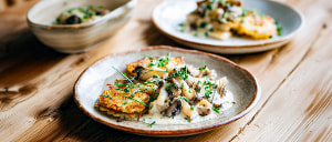 Spargel-Pilzragout mit Kartoffelr&ouml;sti