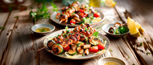 Indische H&auml;hnchenspie&szlig;e mit Salat von gegrilltem Kr&auml;utergem&uuml;se