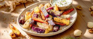 Bunte R&uuml;bchen-Wedges mit Omega-Samen-Mix und Kr&auml;uterdip