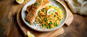 Curcuma-Gem&uuml;sereis mit Lachsfilet im Samenmantel