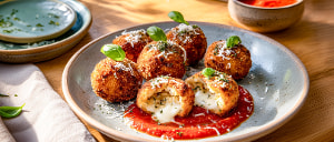 Frittierte Risottokugeln mit Mozzarellaf&uuml;llung und Tomatenso&szlig;e