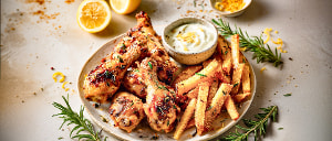 H&auml;hnchenkeule aus dem Ofen mit Zitronen-Joghurt-Dip und Mais-Pommes