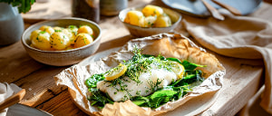 Kabeljaufilet auf Kr&auml;uterbett in Pergament gegart