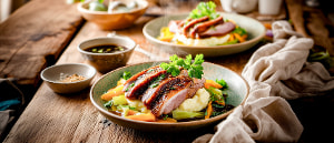 Entenbrust auf Orangen-Lauchgem&uuml;se mit Kartoffelstampf