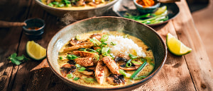 Curry-Reissuppe mit H&auml;hnchenstreifen und Champignons