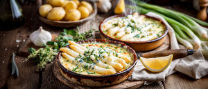 Gratinierter Spargel mit Sauce Hollandaise und Ziegenk&auml;se