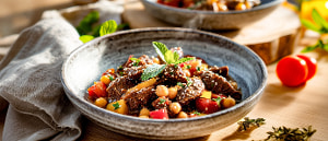 Rindfleisch mit Kichererbsen in Sesamso&szlig;e