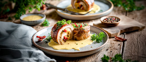 Schweinefleischrouladen mit Paprika gef&uuml;llt auf Senfso&szlig;e
