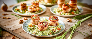 Mini-H&auml;hnchenrouladen auf Lauchsalat