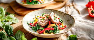 Paprika-Spinatsalat mit Lammmedaillons