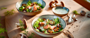 Feldsalat in Kr&auml;uter-Meerrettichdressing mit Pilzen und R&auml;ucherlachs