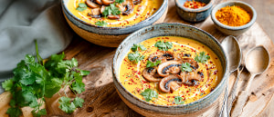 Kokos-K&uuml;rbissuppe mit Gr&uuml;nkernen und Champignons