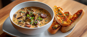 Pilzeintopf mit Chorizo und Pesto-Baguette