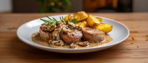 Schweinemedaillons mit Waldpilzso&szlig;e und Rosmarinkartoffeln