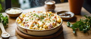 &Uuml;berbackene Schinkennudeln mit Kr&auml;utersahne