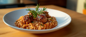 W&uuml;rzige Risotto-Pfanne mit Rosmarin-Hackb&auml;llchen